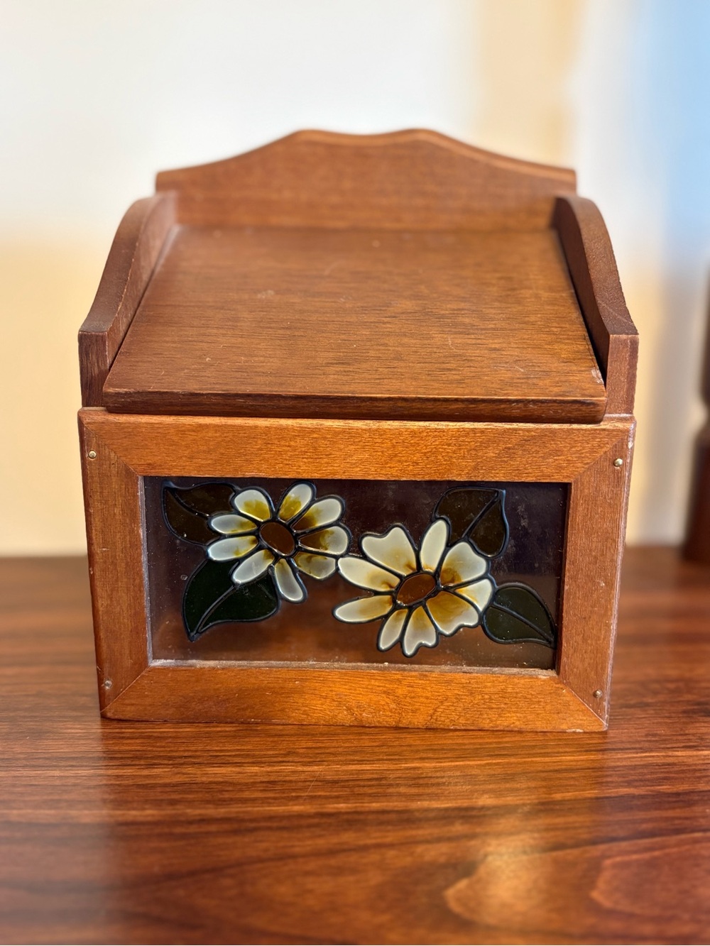 Vintage Wooden Recipe Box with Floral Glass Panel | Retro Kitchen Storage